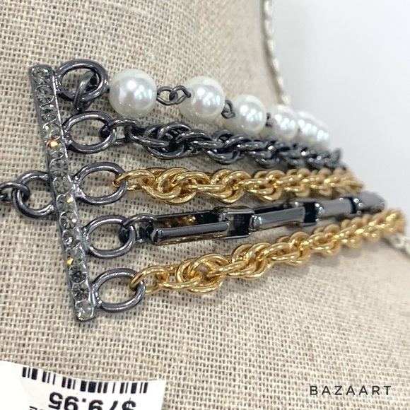 Mix Metal Layered Chain Necklace Faux Pearl Accents –Gold & Gunmetal. - Picture 3 of 4